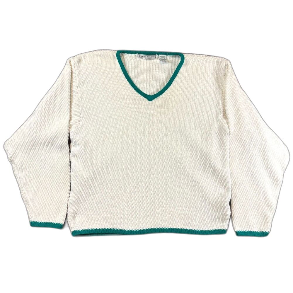Vintage IZOD CLUB Ivory Women's Large Knit V-Neck Sweater Green Trim Preppy Golf